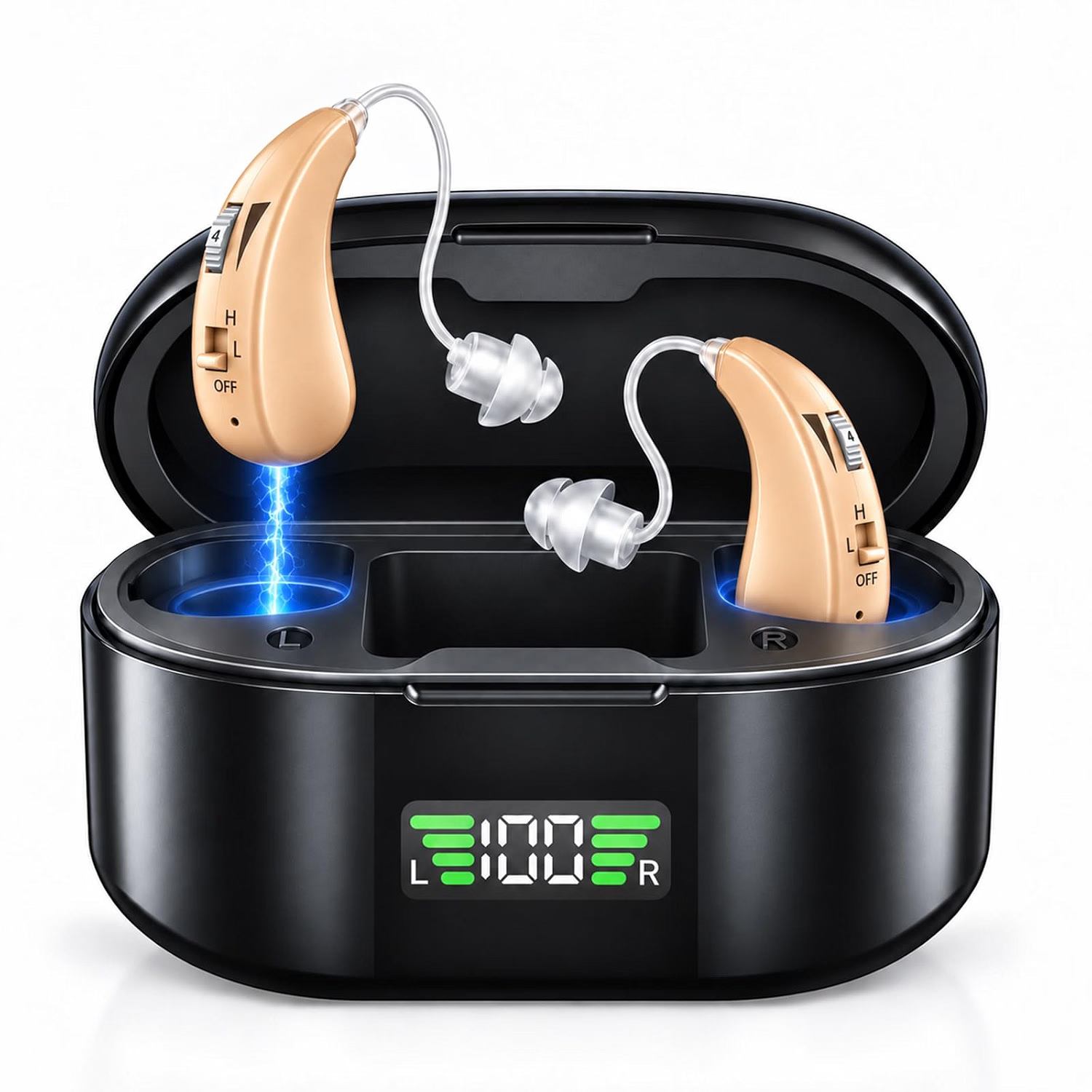 Black rechargeable BTE hearing aids with LED charging case