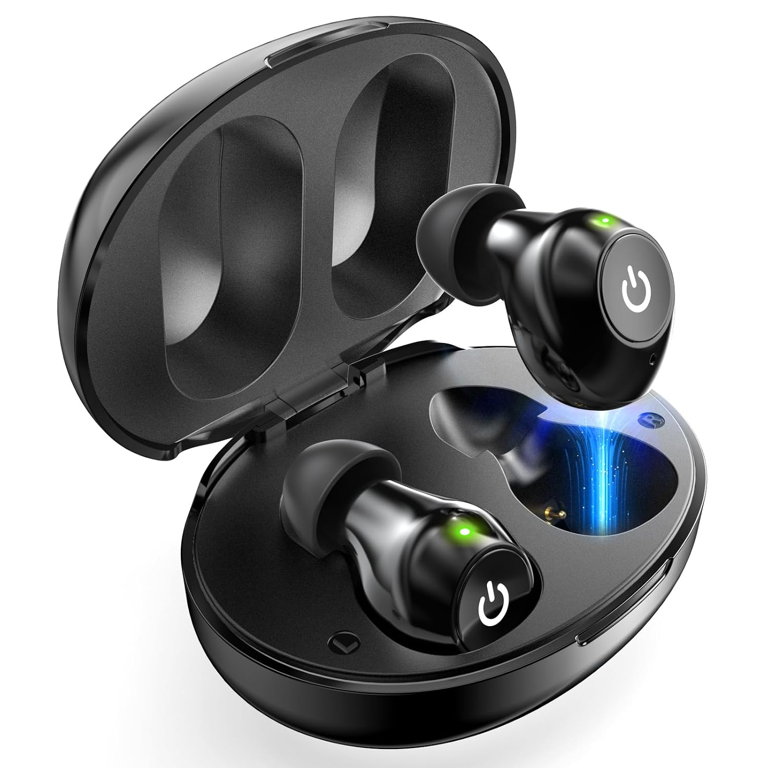 Black rechargeable hearing aids with charging case