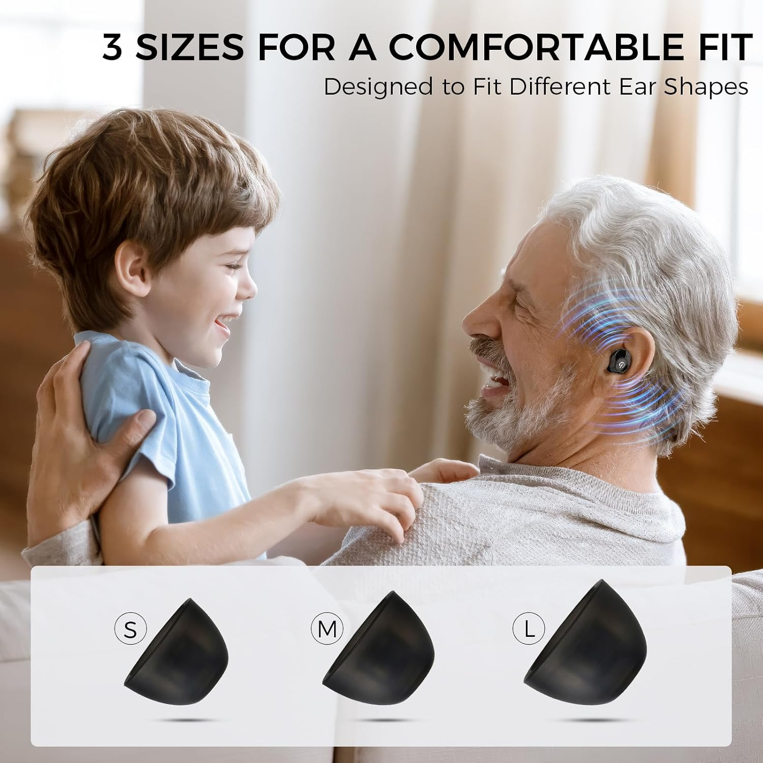 Three ear tip sizes for a comfortable fit